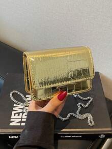 Glossy Mini Lipstick Shape Bag For Women, Spring/Summer New Crocodile Pattern Fashionable Chain Shoulder Bag, Solid Color Casual Crossbody Handbag - Gold - View 2