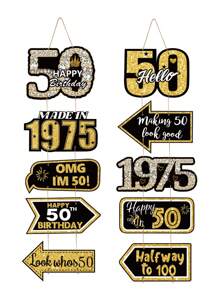 1 Set Banner de puerta para fiesta de cumpleaños 50th negro y dorado, Pancarta colgante de cumpleaños vintage 1975, Decoración de aniversario, Decoración de fondo, Decoraciones de cumpleaños 50 años, Decoraciones colgantes de puerta, Decoraciones de fondo para fotos, Artículos para fiestas