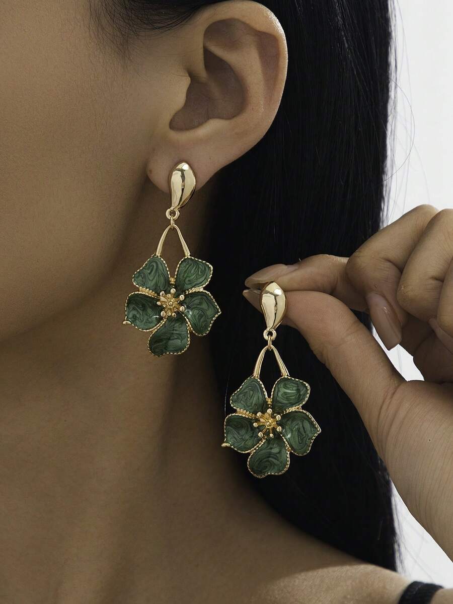 1 Cặp bông tai mặt dây chuyền hình hoa năm lá nhỏ giọt dầu xanh thanh lịch mùa hè dành cho nữ, thích hợp để đeo hàng ngày, hẹn hò, đi nghỉ - màu xanh lá - Xem 1