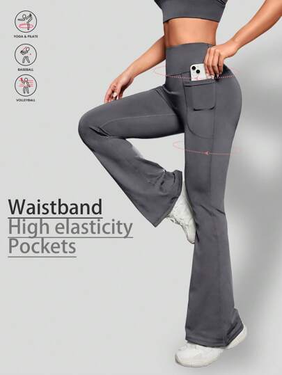 1pc Women's Solid Color Breathable Yoga Wide Leg Pants With Pockets, Tight Fit Flared Trousers For Outdoor, Sports, Cycling, Running, Tennis