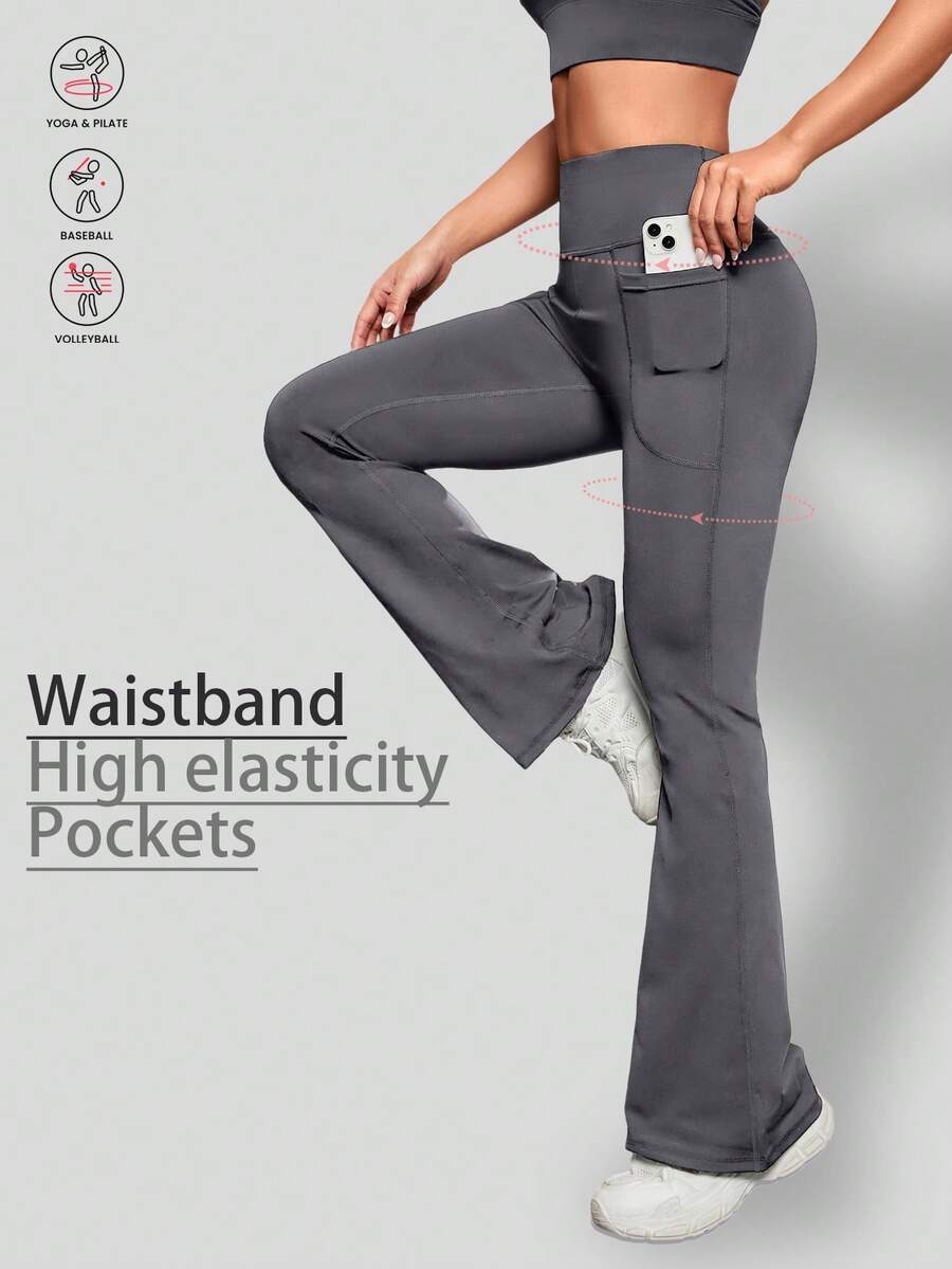 1pc Women's Solid Color Breathable Yoga Wide Leg Pants With Pockets, Tight Fit Flared Trousers For Outdoor, Sports, Cycling, Running, Tennis Spring - Grey - View 1