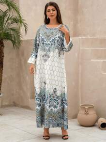 Middle Eastern Dress Abaya New Muslim Dress Retro Print Dress Slim Fit Round Neck Robe