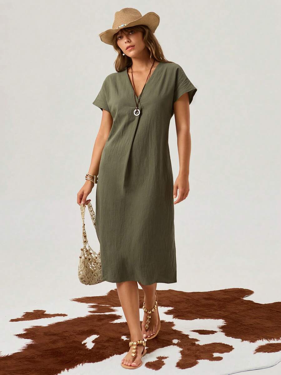 SHEIN LUNE V 领休闲纯色蝙蝠袖束腰连衣裙 - 軍綠色 - 查看 1