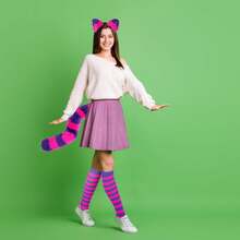 Rose Pink And Purple Striped Cat Costume 5-Piece Set, Including Cat Ears, Striped Gloves And Leg Socks, Heart Collar, Furry Tail, Prom Party Dress Up Cos Suit