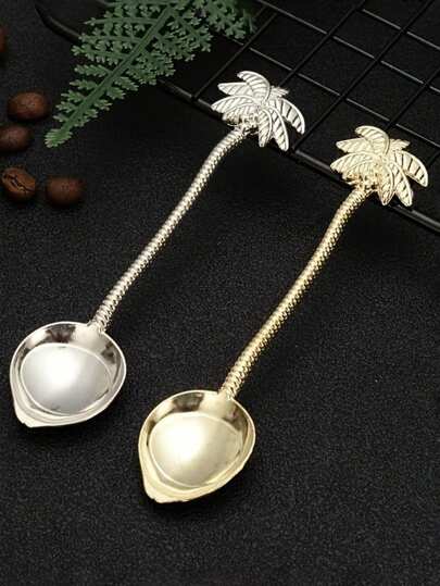 Tropical Coconut Palm Teaspoon Coffee Stirring Spoons - Golden Metal Souvenir With Palm Leaf Design, Ideal For Dining Bar Decor, Bar Accessories Tropical Theme Decor Durable Metal Spoons, Coffee Bar Accessories Long Handle Coffee Spoon, Iced Tea Spoon, Ice Cream Spoon, Stirring Spoon, Dessert Scoop, Coffee Scoop, Ice Cream Spoon, Mixing Scoop, Hotel, Restaurant, Public Jam Spoon, Tableware School Supplies,Back To School,Valentine Day/Valentines