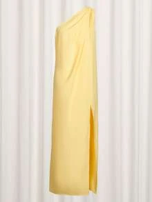 Elegante Vestido de un hombro sin mangas en unicolor con dobladillo de abertura alta para ocasión formal - Amarillo - Ver 5