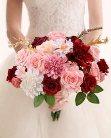 Artificial Flowers Combo, Champagne Silk Roses, Peonies, Dahlias With Stems For DIY Wedding Bouquets, Baby Shower, Table Centerpieces, Home Decor, Fake Floral Arrangements, Party Decorations - 深粉紅色 - 查看 5
