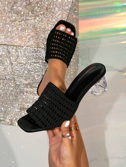 Sandálias de salto grosso transparente europeu e americano, sandálias de salto médio abertas com tiras de malha preta, sandálias romanas para férias na praia no verão, para uso ao ar livre