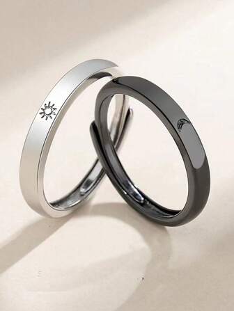 2pcs/Set Sun & Moon Design Couple Rings, Celestial Love Couple Rings