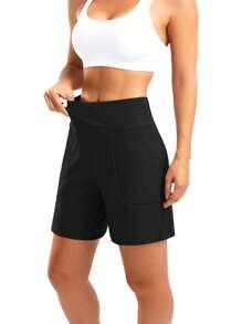 1 pieza Short de yoga de cintura alta y control de abdomen elástico talla grande para mujeres, casual y con estilo con bolsillos, mallas para entrenamiento al aire libre