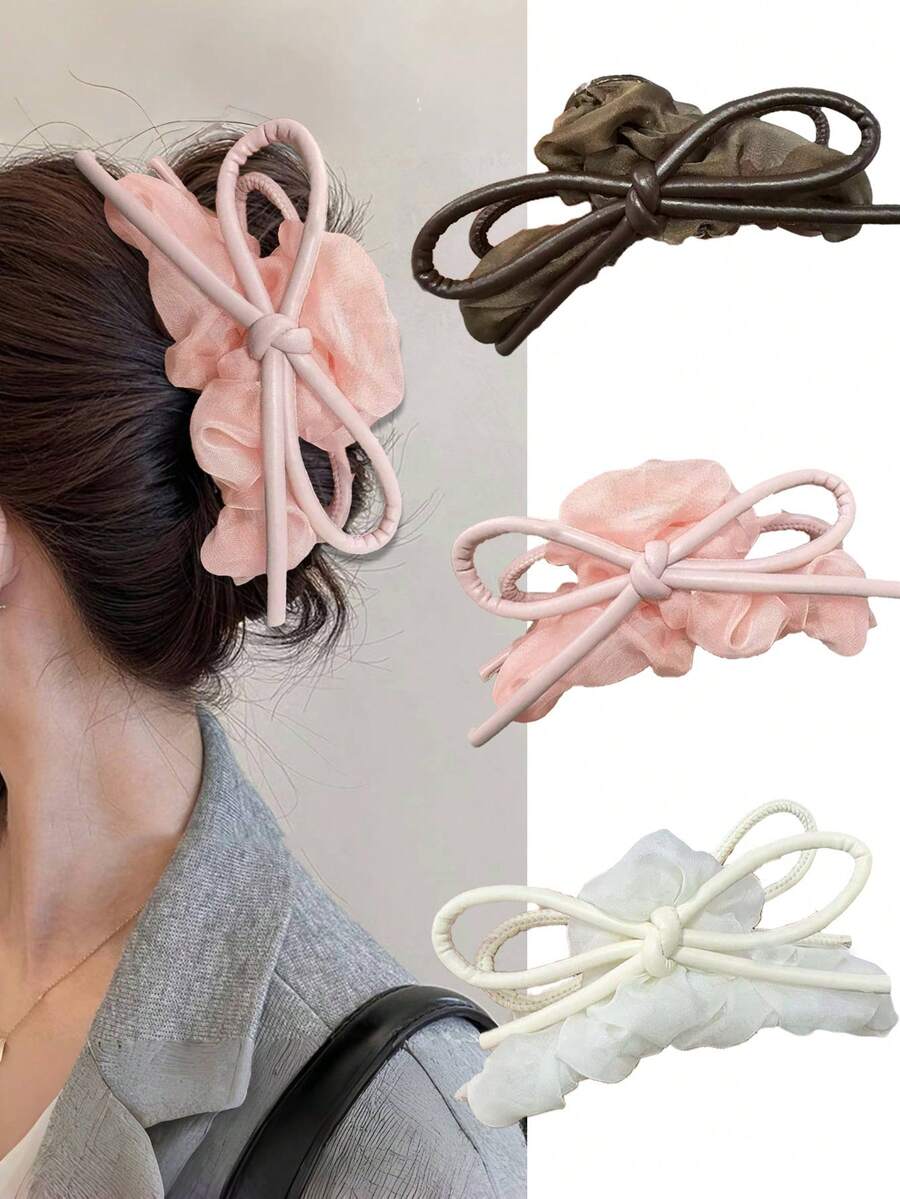 1 件女士柔软网状褶皱发爪夹，优雅蝴蝶结鲨鱼夹发夹头饰时尚发饰优雅发夹