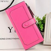 Women PU Leather Wallet Bifold Clutch Large Capacity Card Organizer Buckle Long Purse For Girls Candy Color - 玫瑰紅 - 查看 1