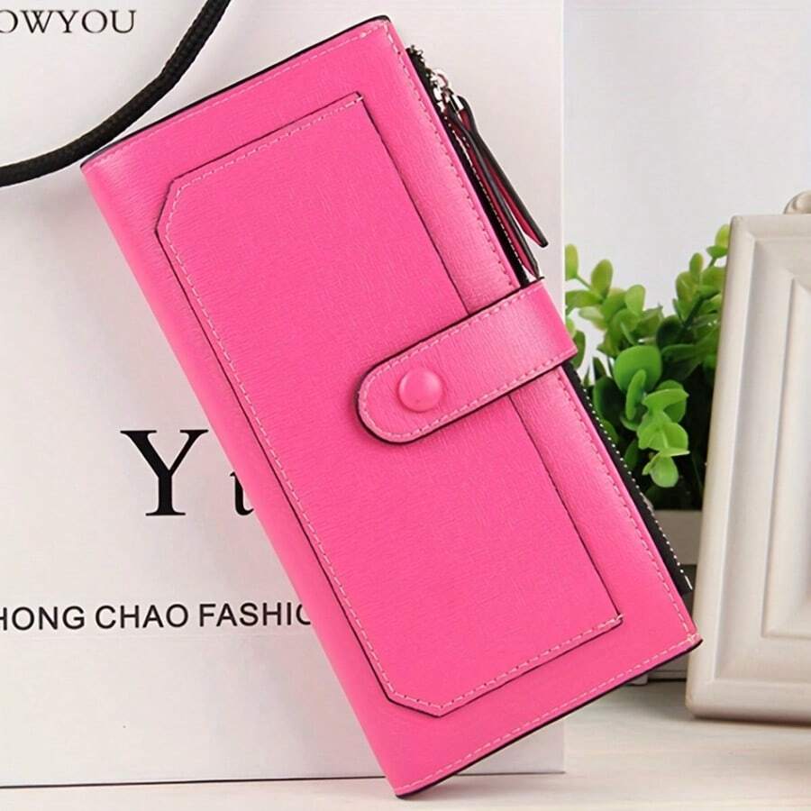 Women PU Leather Wallet Bifold Clutch Large Capacity Card Organizer Buckle Long Purse For Girls Candy Color - 玫瑰紅 - 查看 1