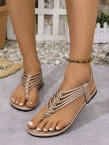 Giày sandal đế bằng bằng da PU có dây thun đính hạt cho nữ, thời trang Bohemian, tiệc tùng ngoài trời, bãi biển, mùa hè - Rượu sâm banh - Xem 7