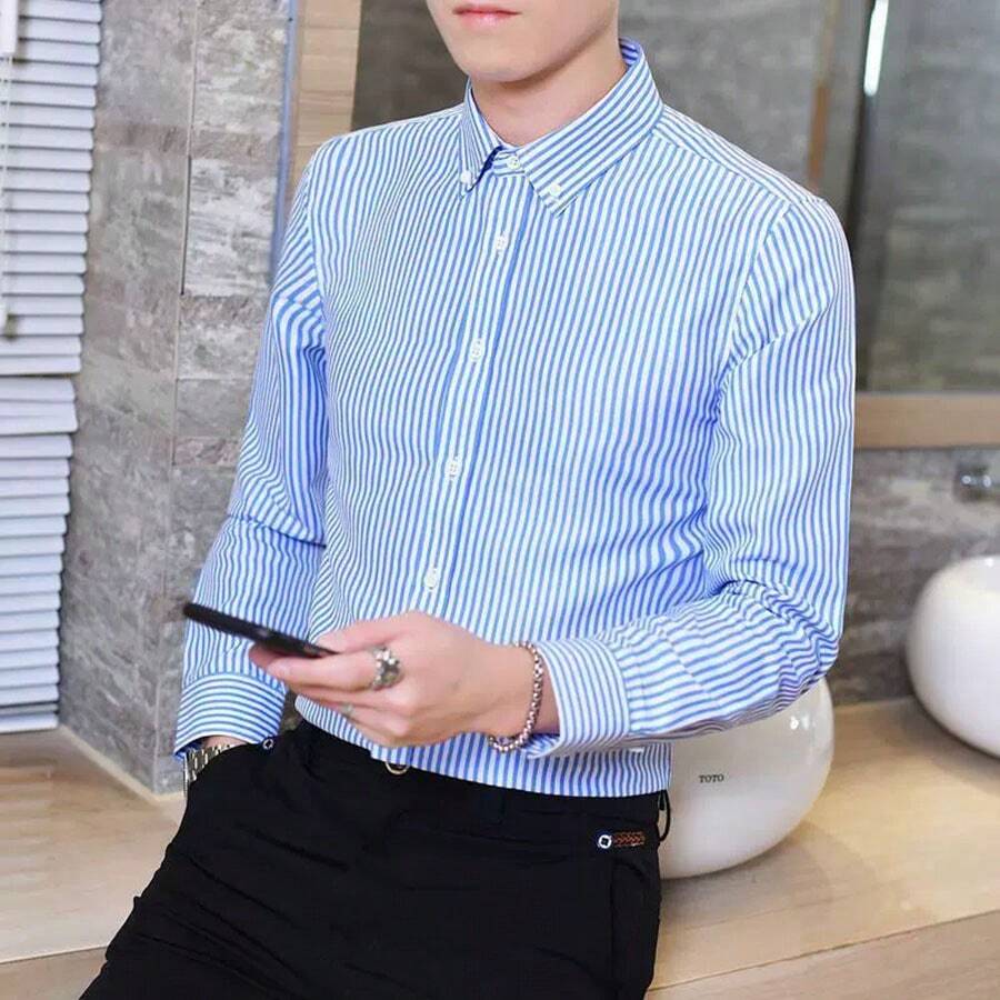 Camisa de manga larga a rayas para hombres, camisa elegante y casual para negocios o trabajo en color sólido, ideal como regalo para el Día del Padre. - Azul - Ver 1
