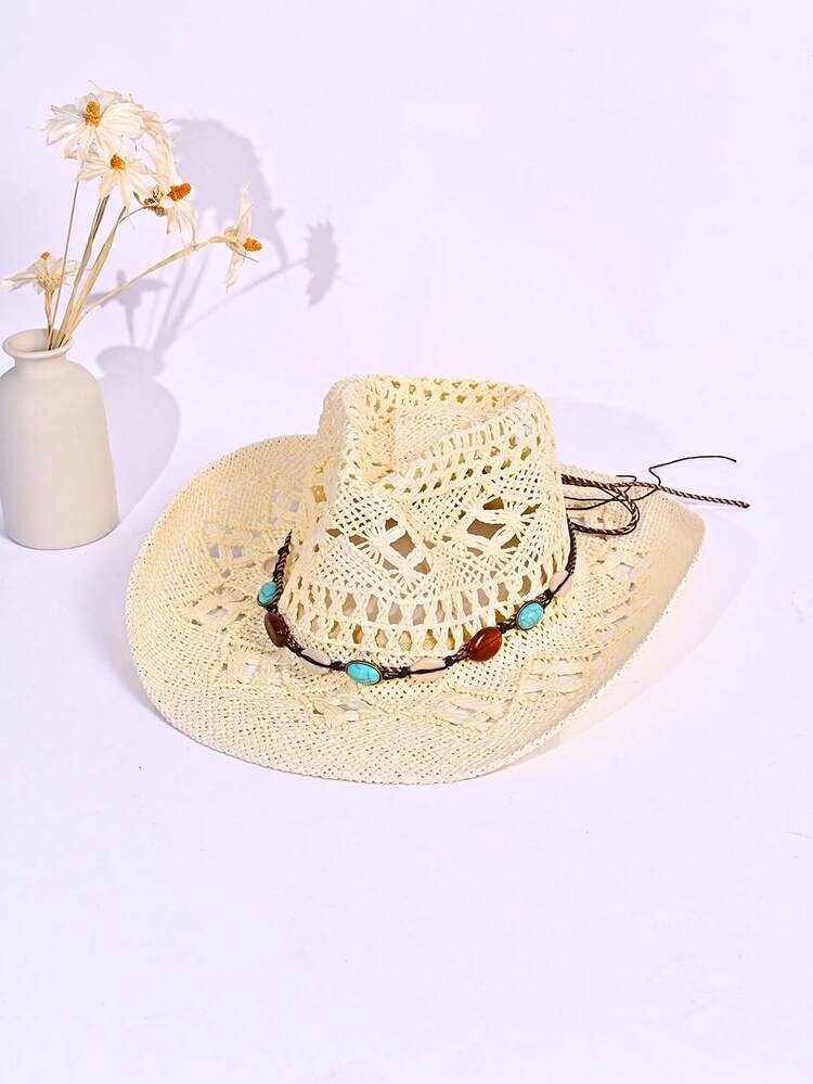 1 Peça Chapéu do Panamá Decorativo Tecido, Proteção UV, Sólido, Boêmio, Casual, Contas, Pedras Preciosas, Vazado, Versátil e Elegante para Todas as Estações - chapéu de palha panamá - Visão 5