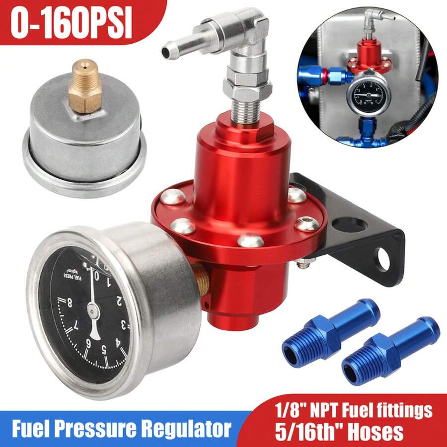 0-160 PSI Black-Red Adjustable Fuel Pressure Regulator Kit W/Oil Gauge Universal - 1 - View 1