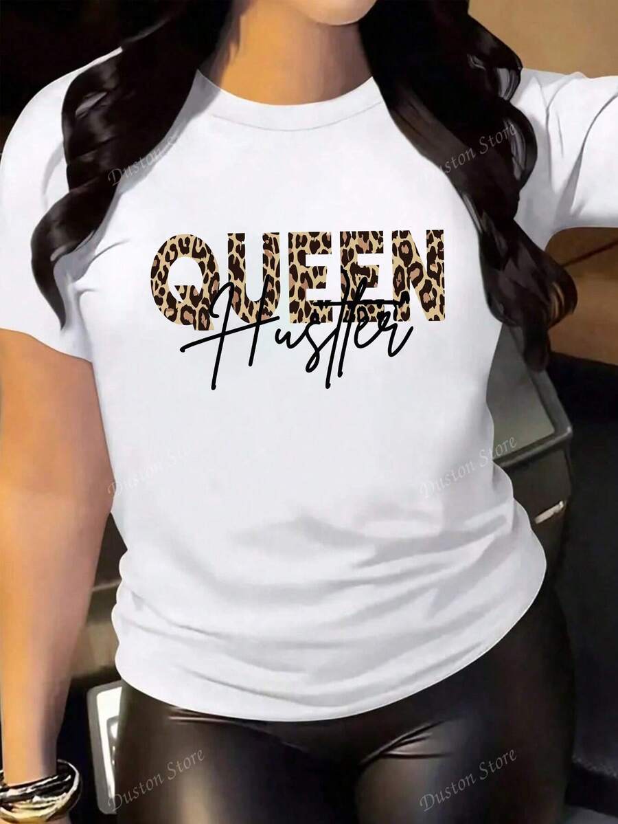 Camiseta de algodón con estampado "Queen Hustler" casual de moda para mujer - Blanco - Ver 1