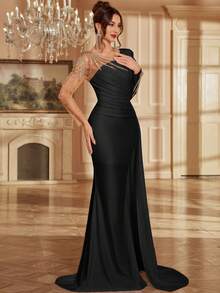 Elisanya Vestido maxi elegante y formal con cuello en V hasta el suelo, con mangas largas y tren de encaje y malla para mujeres