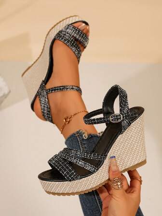 Nuevos sandalias de cuña de suela gruesa de verano para dama, sandalias de tacón alto con tira cruzada gruesa, punta abierta y tobillo, impermeables y con suela gruesa para boda, fiesta, vacaciones, al aire libre y uso casual cómodo