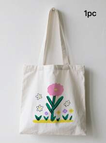 1pc Plant Flower Simple Fashion Canvas Print Handbag Shoulder Bag Tote Bag, Portable Storage Bag, Gift Packaging Bag, Laundry Bag, School Use, Home Decoration, Book Notebook Storage Bag, Snack Bag, Gift Storage Bag, Daily Necessities Storage Bag, Travel Storage Bag, Birthday Gift, Teacher Gift, Back To School Gift, Graduation Gift, Thanksgiving Gift, Christmas Gift, New Year Gift, Gift Essential, Washable And Reusable