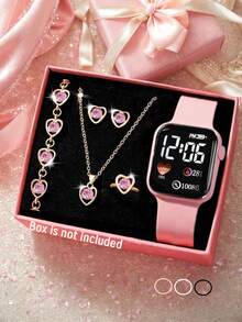 Set de 6 piezas de reloj digital con forma de corazón LED, estilo lindo y casual, con correa de silicona, equipado con pulsera de joyería, collar, anillo, juego de aretes, adecuado para regalo, escuela, ceremonia de graduación y otras ocasiones, ideal para estudiantes, perfecto para la vida diaria como volver a la escuela, fiestas y viajes, regalos de cumpleaños, temporada de graduación, regalo perfecto para niñas - Multicolor - Ver 3