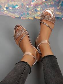 新款大码女式舒适简约圆头水钻皮革平底凉鞋，夏季休闲时尚户外沙滩鞋 - 玫瑰金 - 查看 2