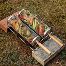 Stainless Steel BBQ Cages With Handles, Portable Rolling Outdoor Barbecue Basket, For Vegetables, French Fries, Fish, Shrimp, Ham Sausage, Outdoor BBQ Essentials