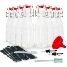 Botella de vidrio con tapa abatible [1 litro / 33 onzas líquidas] [Paquete de 4] - Botella con tapón para bebidas, aceite, vinagre, kombucha, agua, refrescos, kéfir - Tapa hermética y cierre a prueba de fugas - Transparente - 8 - Ver 1