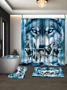 1/4pcs Wolf King Wolf Pack Bathroom Shower Curtain Decor, Excellent Housewarming Gift, Modern Home Decor, Waterproof Shower Curtain And 3-Piece Bathroom Mat Set Including Bath Mat, Toilet Mat, U-Shaped Mat, With 12pcs Shower Curtain Hooks Bathroom Accessories Back To School