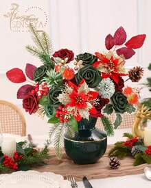Artificial Flowers Combo, Champagne Silk Roses, Peonies, Dahlias With Stems For DIY Wedding Bouquets, Baby Shower, Table Centerpieces, Home Decor, Fake Floral Arrangements, Party Decorations - 磚紅色和深綠色 - 查看 4