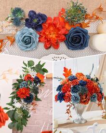 Artificial Flowers Combo, Champagne Silk Roses, Peonies, Dahlias With Stems For DIY Wedding Bouquets, Baby Shower, Table Centerpieces, Home Decor, Fake Floral Arrangements, Party Decorations - 藍綠色和皇家藍色和橙色 - 查看 2
