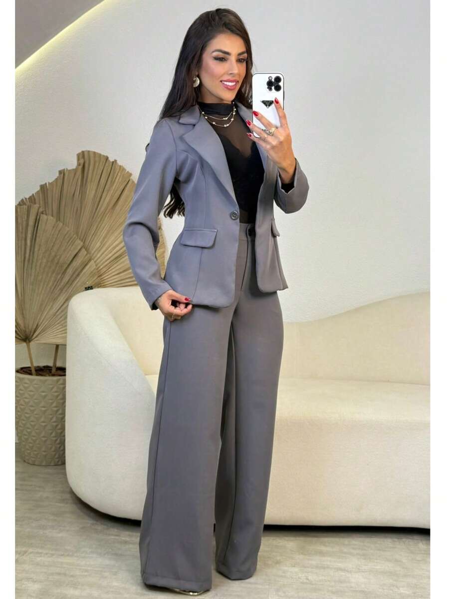 Set Of Wide-Leg Pants And Tailored Lined Blazer - 灰色 - 查看 1
