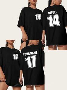 T-shirt personalizzabile con testo, numeri, loghi, nomi/testo/numeri fortunati, tinta unita nera, t-shirt ampia con maniche corte da donna, adatta per feste, all'aperto, sport casual, comoda per la primavera/estate, ideale per personalizzazioni per lauree, uniformi per raduni familiari