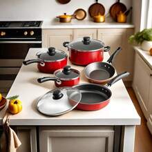 9-Piece Cookware Set With Ultra Non Stick Cast Texture Coating Including Frying Pan, Stackable, With Heat-Resistant And Shatter Resistant Tempered Glass Lid, Red Color,Local Delivery