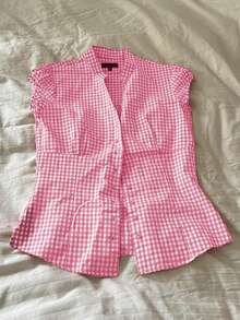 Womens Button Down Shirt Short Sleeve Dress Shirt V Neck Collared Polka Dots Summer Tops Textured Work Blouse - Pink - View 1