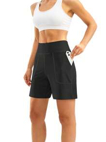 1 pieza Short de yoga de cintura alta y control de abdomen elástico talla grande para mujeres, casual y con estilo con bolsillos, mallas para entrenamiento al aire libre