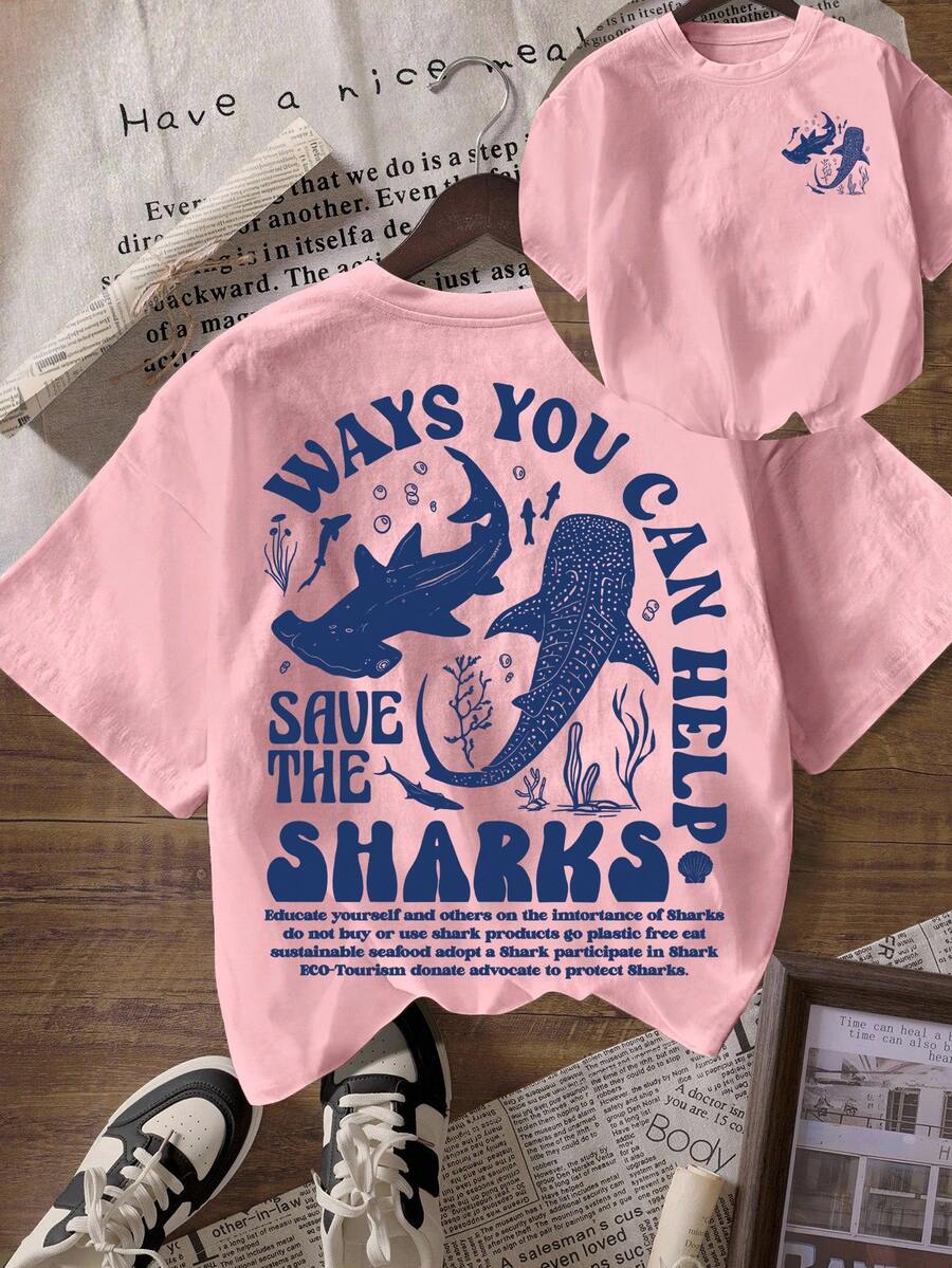 Áo thun nữ cổ tròn tay ngắn in hình bảo tồn biển cá mập - Màu Hồng baby - Xem 1