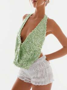 Women Y2k Sequin Halter Top Low Cut Cowl Neck Backless Tank Tops Sparkle Shimmer Camisole Summer Glitter Sleeveless Cami Party Going Out Tops Sexy Club Rave Tops Streetwear - màu xanh lá - Xem 3