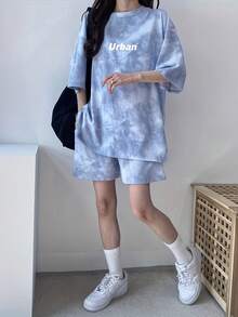 [AICJ 睡衣] 女士扎染字母印花休闲运动家居服套装，宽松圆领T恤和短裤，可作家居服或睡衣穿着，两件套，清爽浅蓝色 - 藍色 - 查看 1