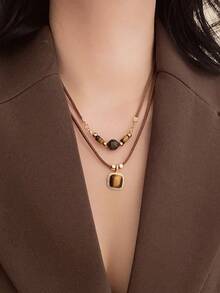 1 件虎眼石吊坠多层项链，适合女士，休闲百搭日间佩戴颈链 - 雙層皮質鏈條 - 查看 13