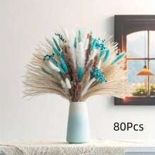 80 株蓝色蒲苇和兔子尾巴人造波西米亚风格花束，乡村农舍装饰，优雅的餐桌中心装饰，卧室装饰，适合家居、婚礼和季节性布置，圣诞节、感恩节、秋季装饰、秋季