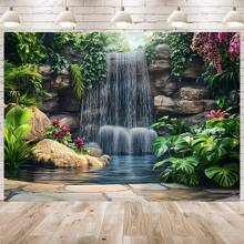 1 Stück Üppiger Garten Wasserfall Hintergrund Tuch - Lebendige Naturszene mit herabstürzenden Wasserfällen & üppigem Grün, Büro- & Outdoor-Dekoration, ohne Strom, perfekt für Partys & Geschenke, Wandbehang & ästhetische Raumverbesserung, Gartendekoration, 2D flach, keine mehrschichtigen oder echten Modelle