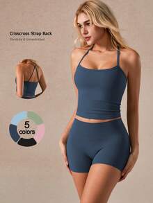 NcmRyu 1 Bộ đồ thể thao nữ gợi cảm liền mạch dây mảnh chéo và quần short, bộ đồ thể thao, thắt eo và nâng mông, mềm mại và thoải mái - Màu xanh lam - Xem 2