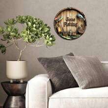 1pc Vintage "Gone Fishing" 7.87x7.87 Inch Round Metal Wall Plaque - Rustic Decor With Fish And Fishing Gear Design, Suitable For Home, Office, Bar - No Electricity Required, Indoor/Outdoor Use And Gift Giving, Fits Home, Restaurant, Cafe, Garage Decor, Various Designs, Home Decor, Room Decor, Wall Decor, Birthday Gift, Graduation Gift. Random Hole Style.