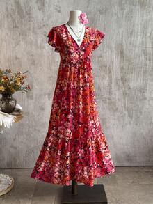 Rusttydustty Rochie maxi florală de vară, rochie lungă de vacanță, rochie boho florală, rochie ... lungă cu imprimeu floral și guler în V, rochie rochie de vacanță, rochie lungă de vacanță - roșu - Vizualizare 5