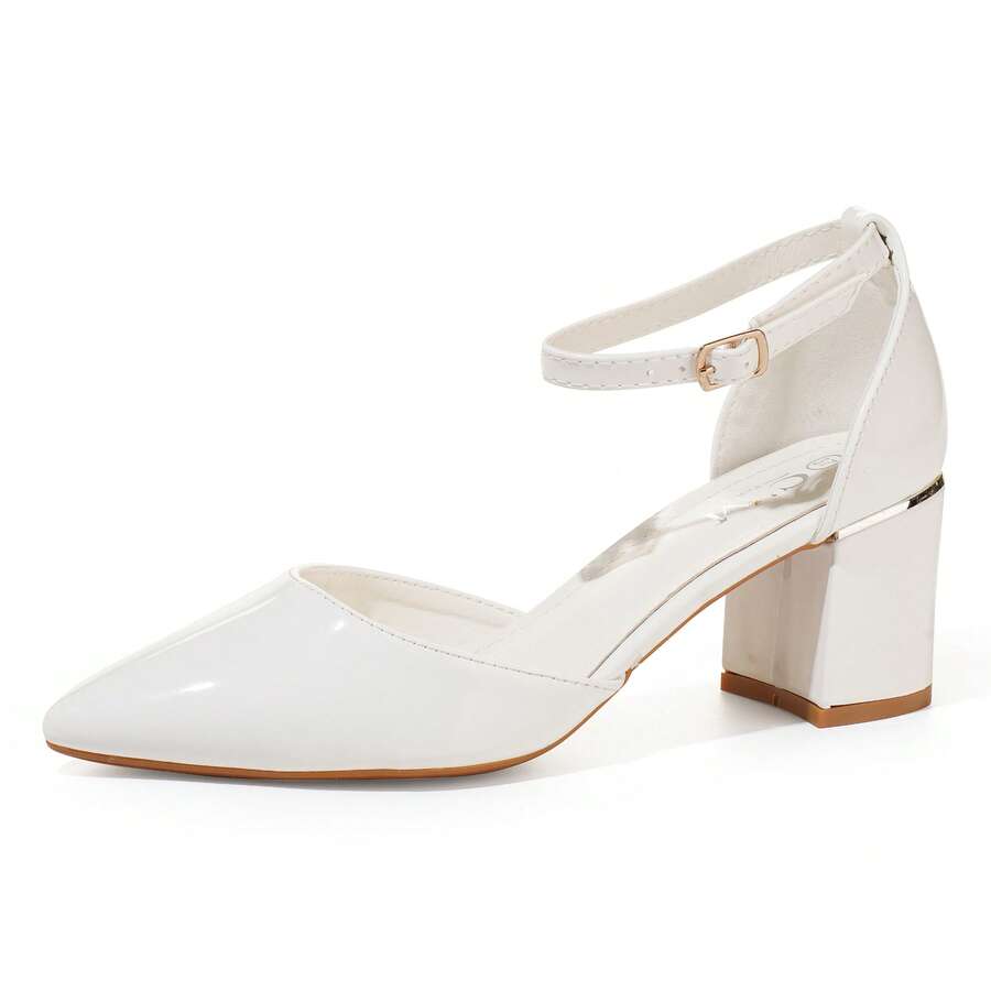 Women's Pointed Toe Chunky Heel Shoes With Ankle Strap, Elegant Design - White - View 1