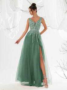 VIPGIRL 优雅绿色V领亮片薄纱正式晚礼服，高开衩A字型舞会礼服，女士长款无袖网纱连衣裙 - 墨綠色 - 查看 5