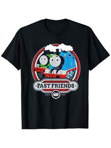 Thomas & Friends - Fast Friends T-Shirt, 100% Cotton Train T-Shirts For Men Women, 180g, Round Neck, Black, Size S-XXXL - 黑色 - 查看 1