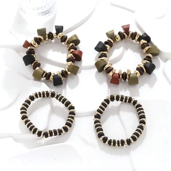 1 Par de Conjunto de Pulseiras de Contas de Madeira e CCB de Duas Camadas, Design Original Versátil e Casual de Estilo Boêmio